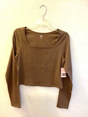 Kohl's SO Camel Brown, Square Neck, Long Sleeve Crop Top. Size XL.